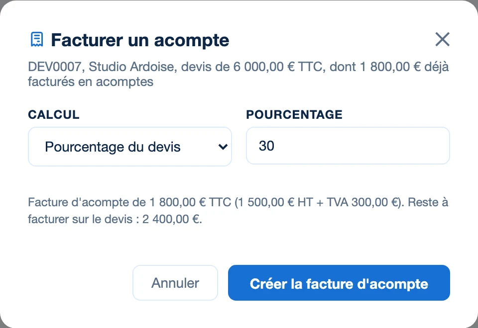 La fenêtre Facturer un acompte de Kinvo, calculé à 30 % d'un devis de 6 000 euros.