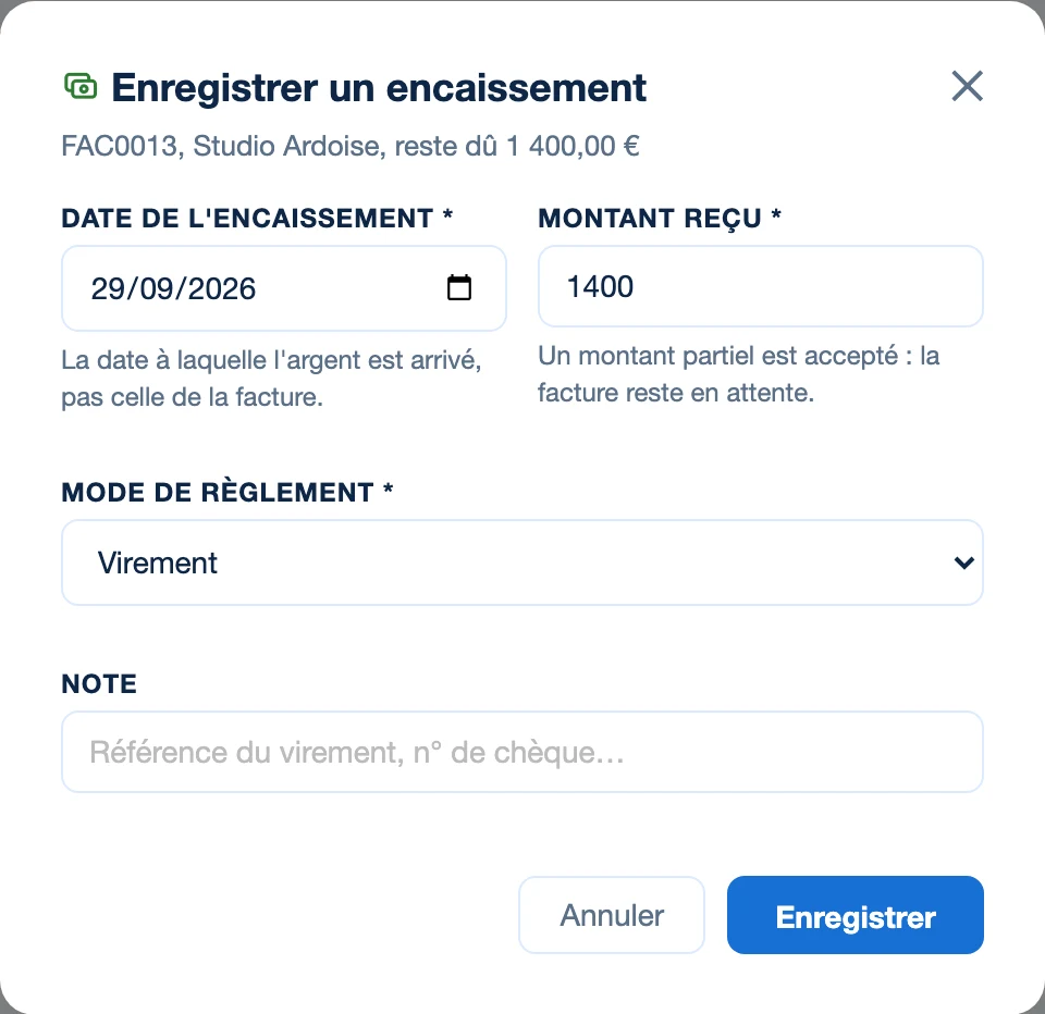 La fenêtre Enregistrer un encaissement de Kinvo, avec la date, le montant reçu et le mode de règlement.