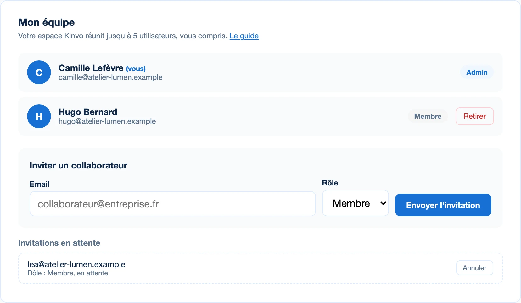 Le bloc Mon équipe des paramètres de Kinvo : deux membres, le formulaire d'invitation et une invitation en attente.