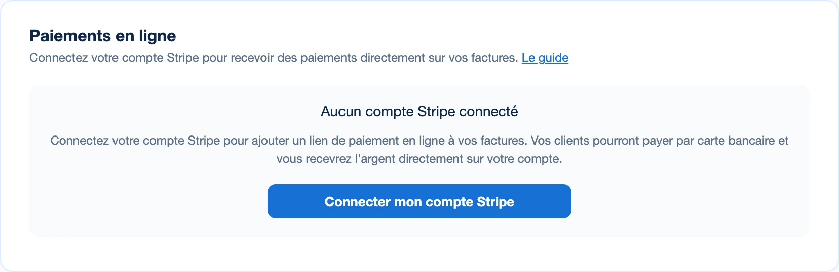 Le bloc Paiements en ligne des paramètres de Kinvo, avec le bouton Connecter mon compte Stripe.