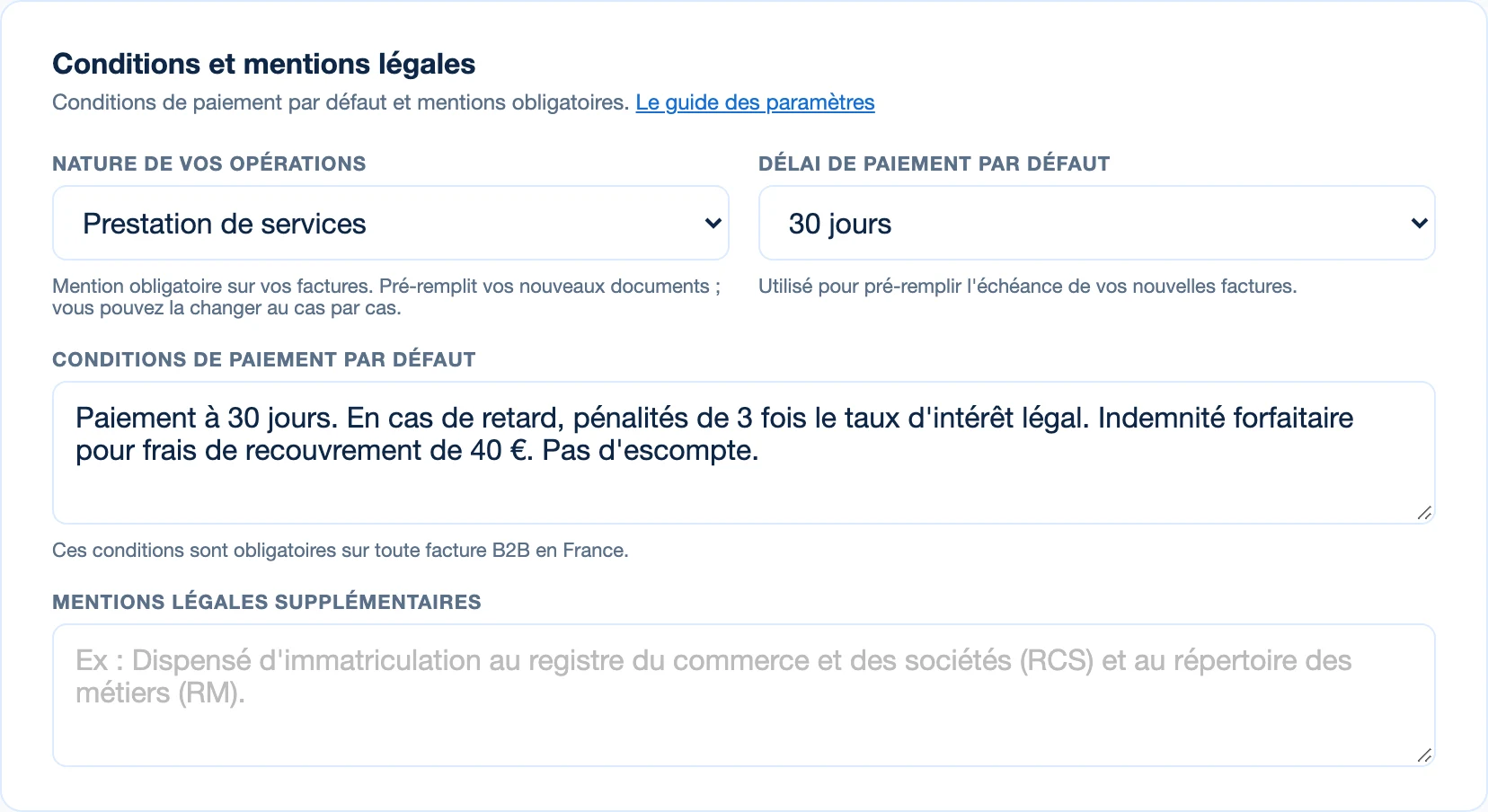 Le bloc Conditions et mentions légales des paramètres de Kinvo, avec la nature des opérations, le délai et les conditions de paiement.
