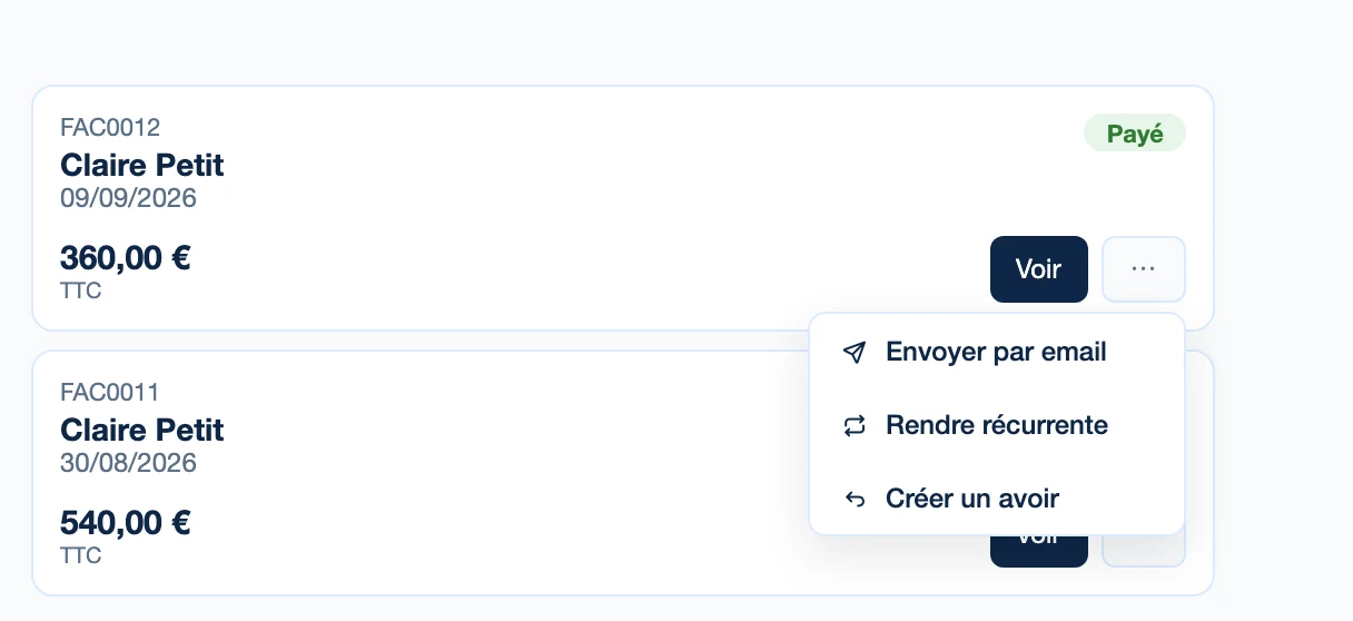 Le menu d'une facture émise dans Kinvo, avec l'entrée Créer un avoir.