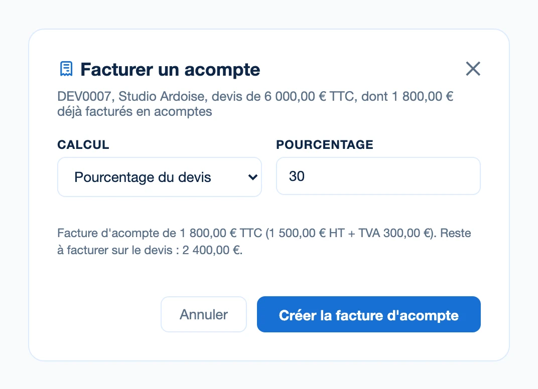 La fenêtre Facturer un acompte de Kinvo, calculé à 30 % d'un devis de 6 000 euros.