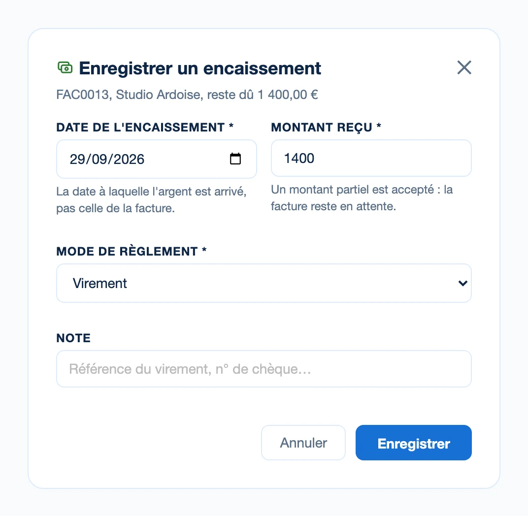 La fenêtre Enregistrer un encaissement de Kinvo : date, montant reçu, mode de règlement et note.