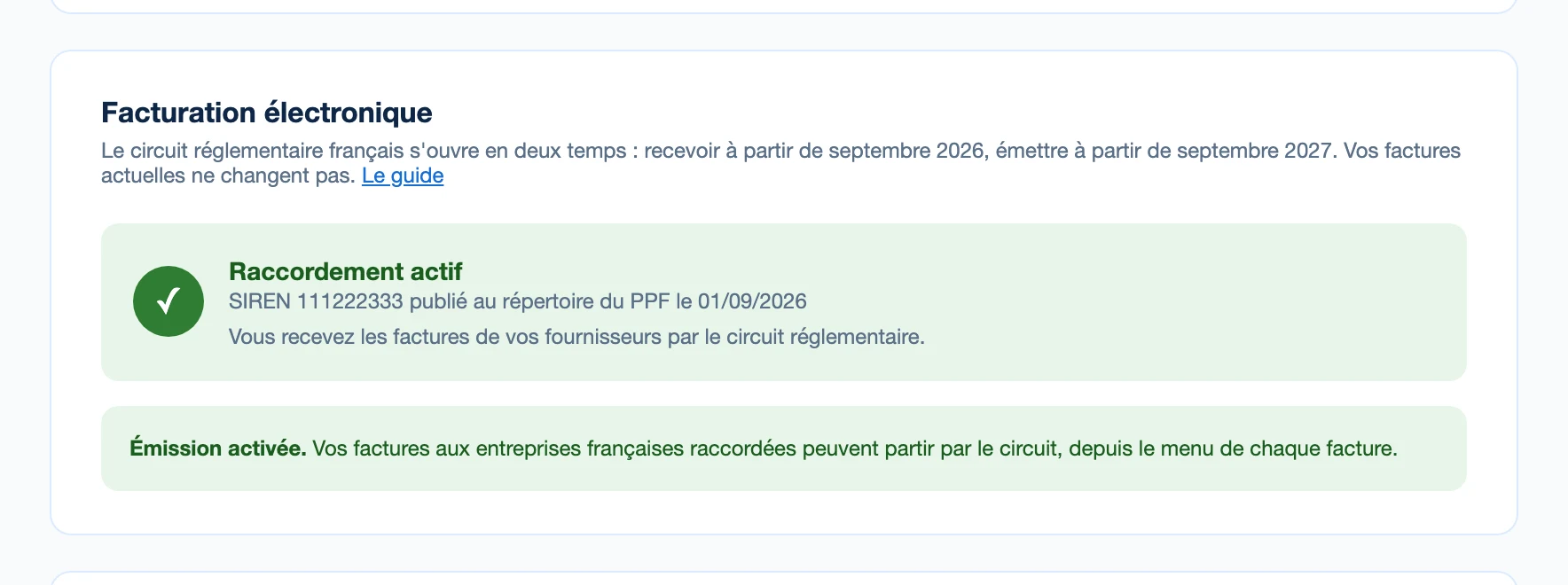 Le bloc Facturation électronique des paramètres de Kinvo : raccordement actif et émission activée.