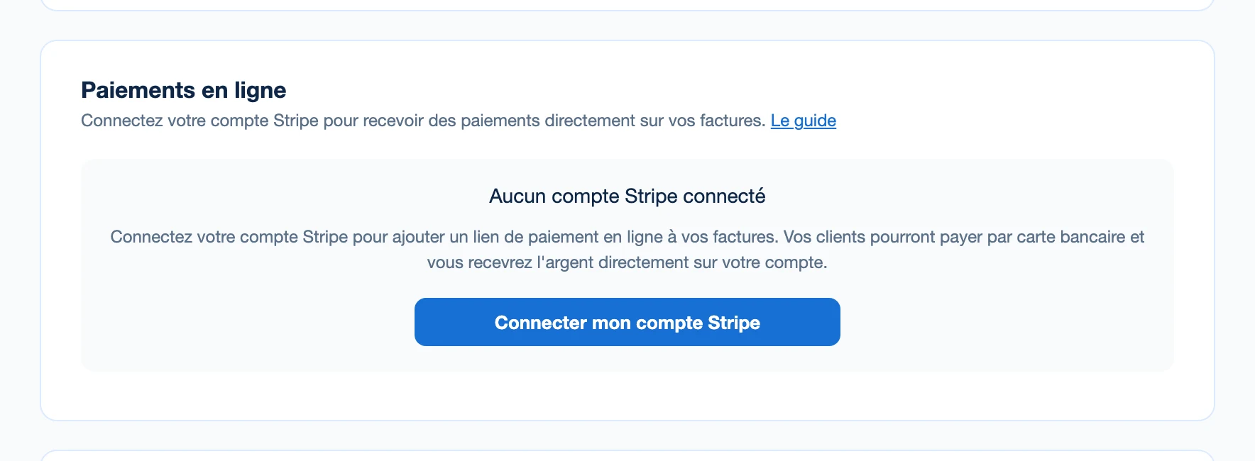 Le bloc Paiements en ligne des paramètres de Kinvo, avec le bouton Connecter mon compte Stripe.