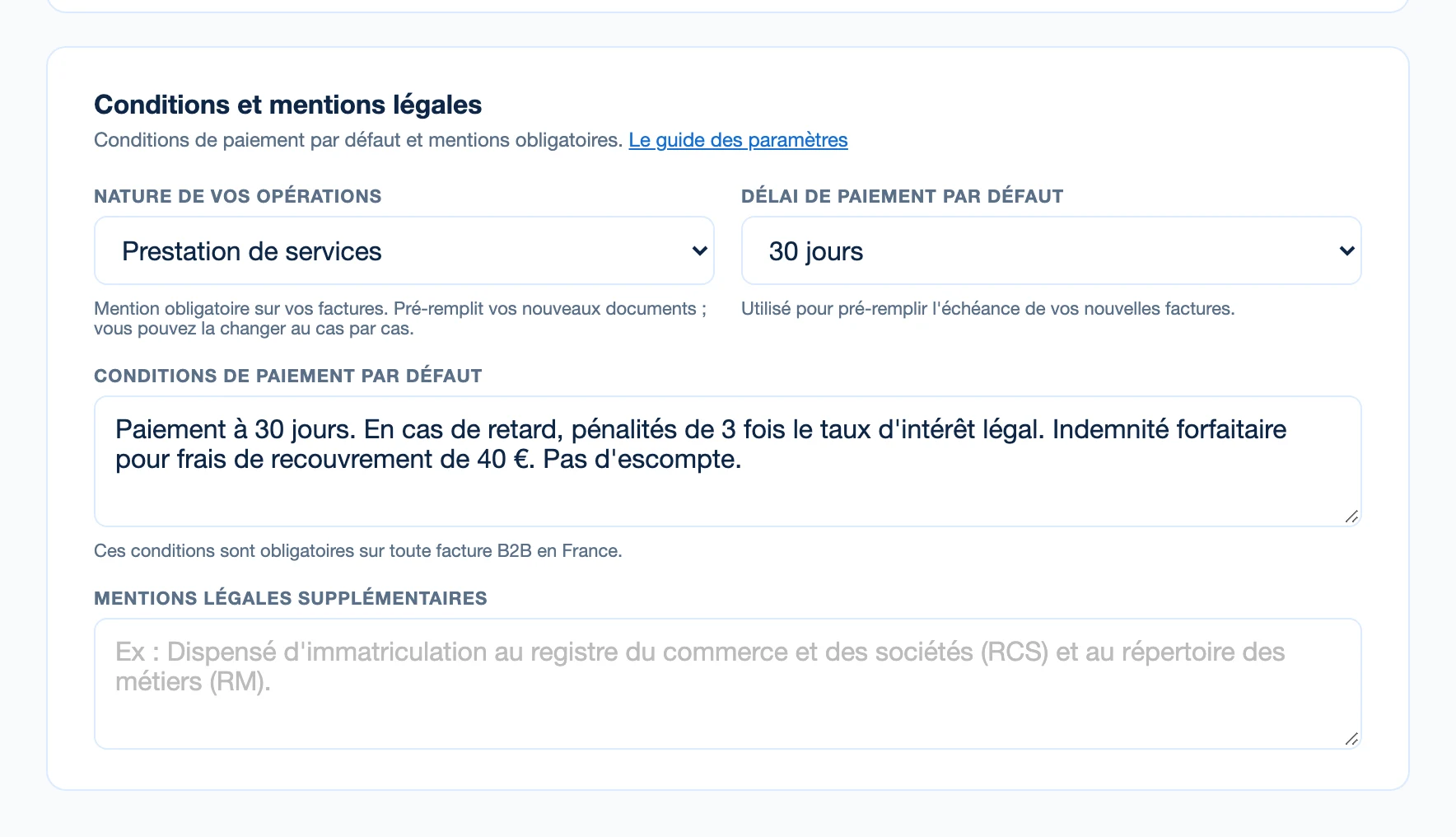 Le bloc Conditions et mentions légales des paramètres de Kinvo, avec la nature des opérations, le délai et les conditions de paiement.